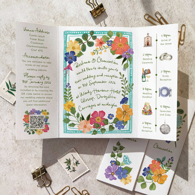Virant and colourful hand painted flowers feature in this festive wedding stationery collection