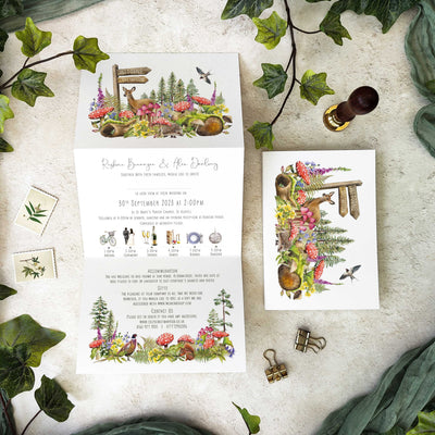 Woodland wedding stationery collection with forest animals and plants