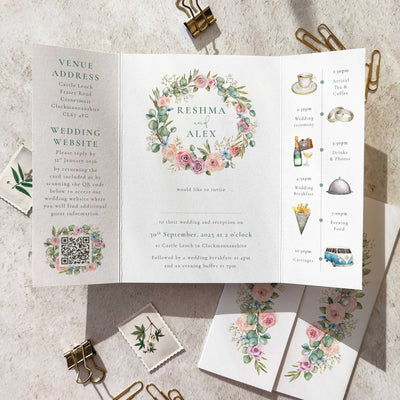 Blush pink roses, eucalyptus and gypsophila wedding stationery collection