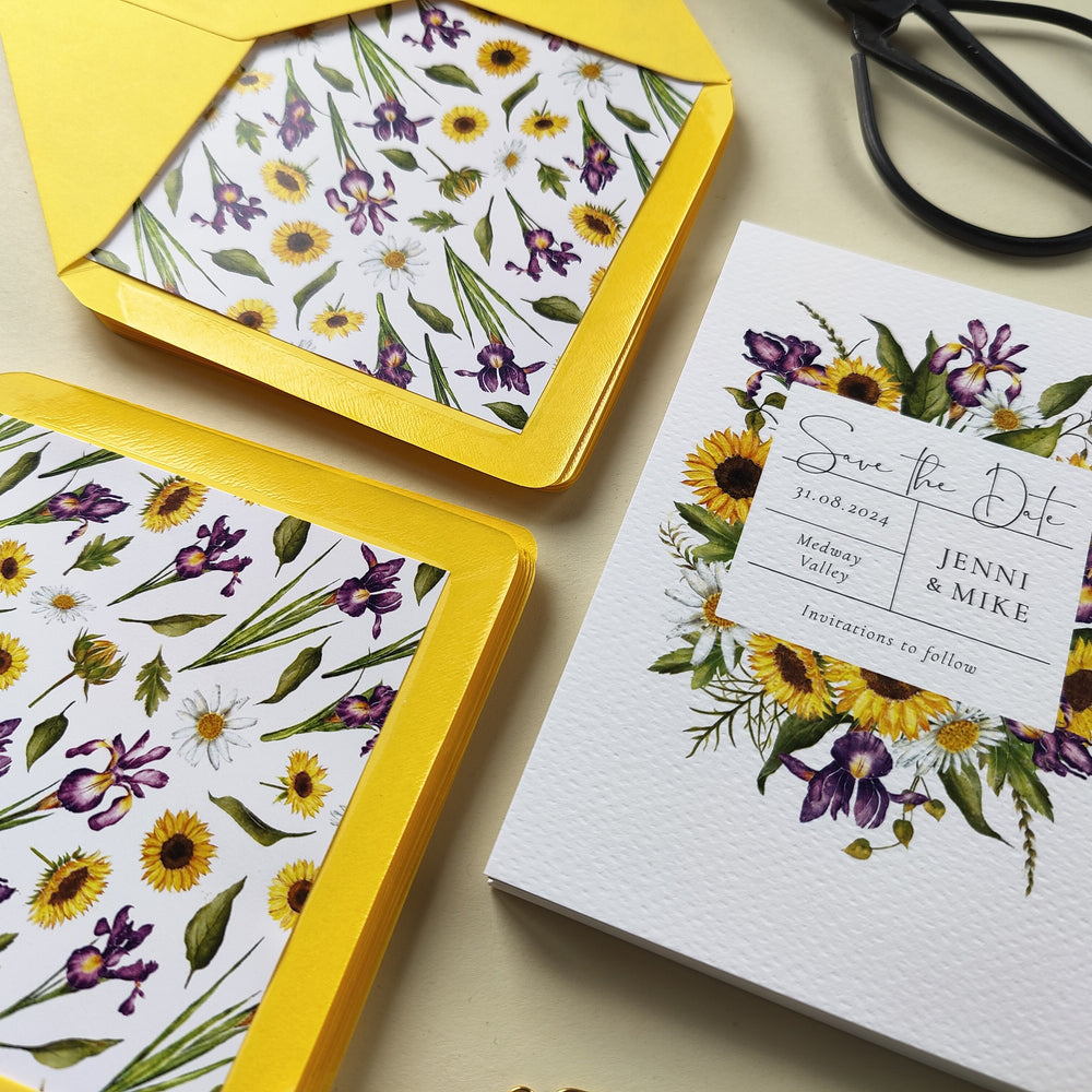 Bespoke Sunflowers and Iris Save the date cards and yellow envelopes