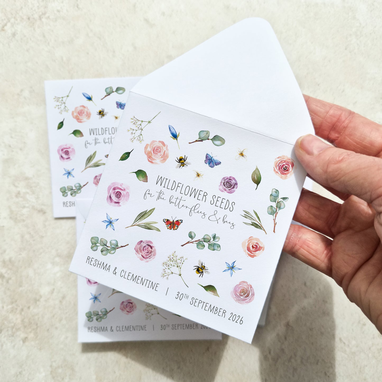 Blush Pink Roses and Eucalyptus Wildflowers Seed Packet Favours (Butterflies and bees) (Pack of 10)
