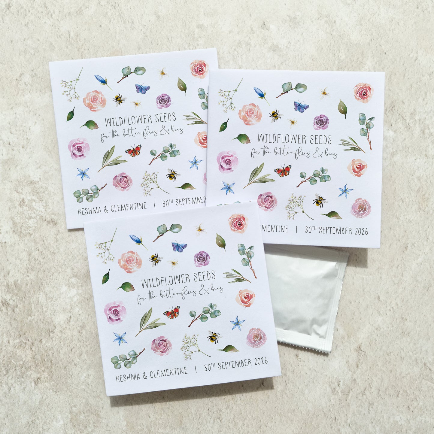 Blush Pink Roses and Eucalyptus Wildflowers Seed Packet Favours (Butterflies and bees) (Pack of 10)