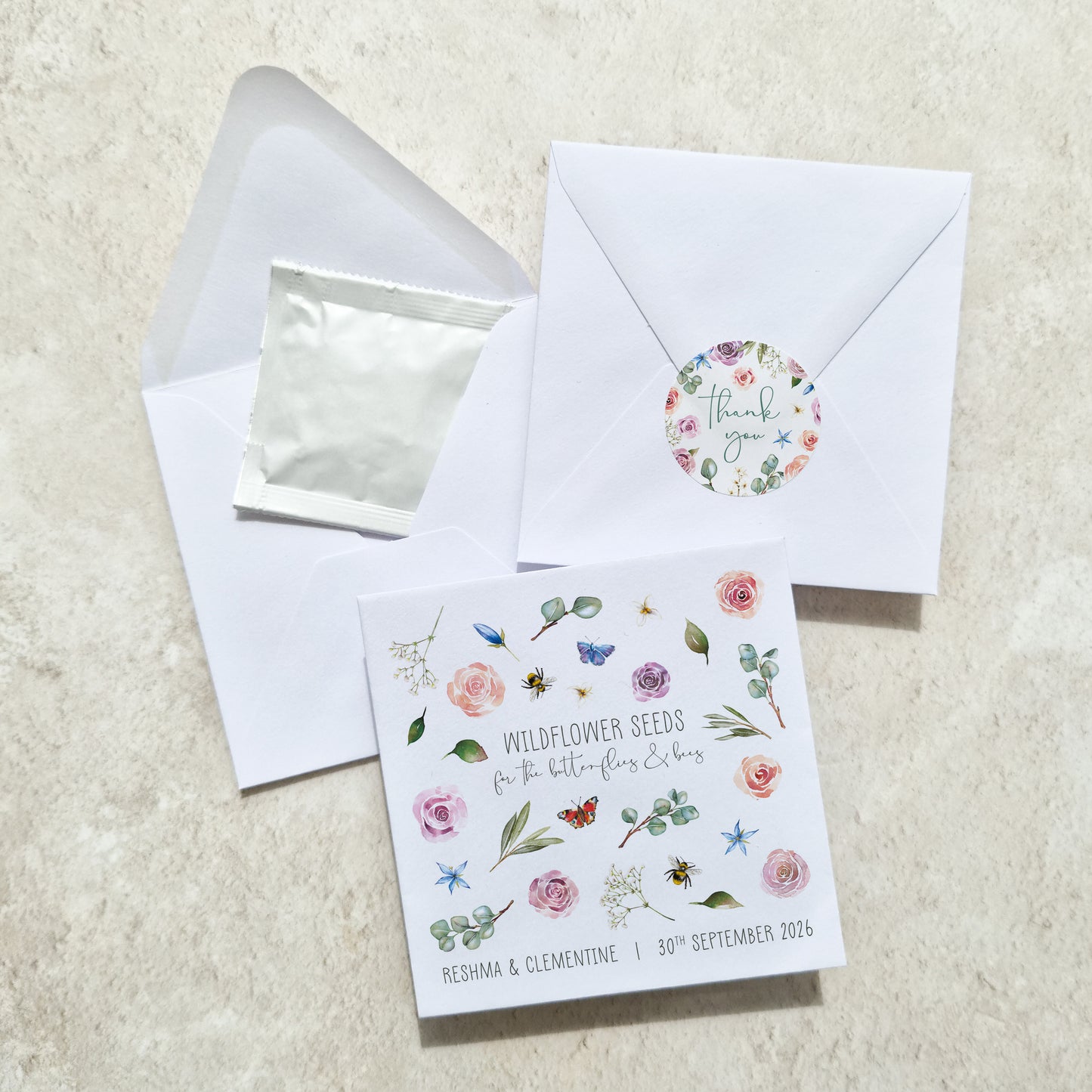 Blush Pink Roses and Eucalyptus Wildflowers Seed Packet Favours (Butterflies and bees) (Pack of 10)