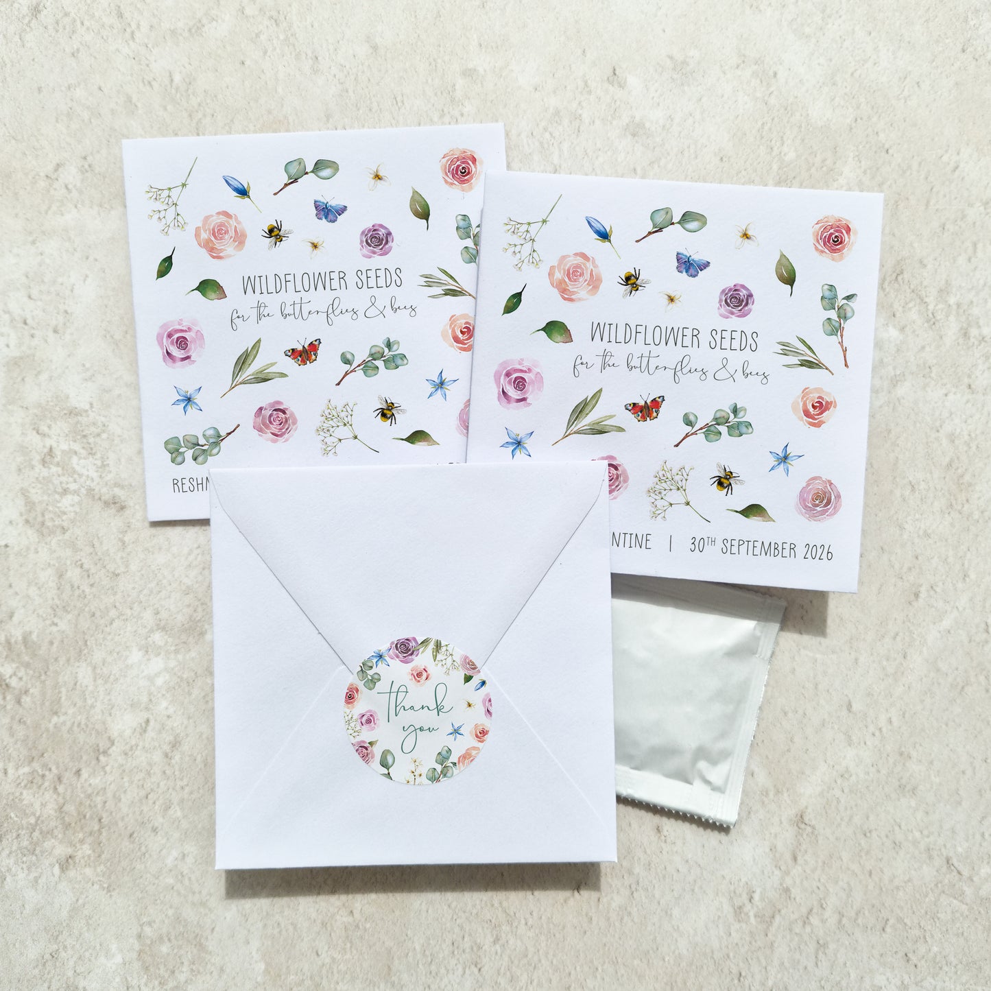 Blush Pink Roses and Eucalyptus Wildflowers Seed Packet Favours (Butterflies and bees) (Pack of 10)