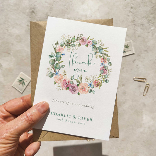 Hand holding a wedding thank you card with floral design and text.