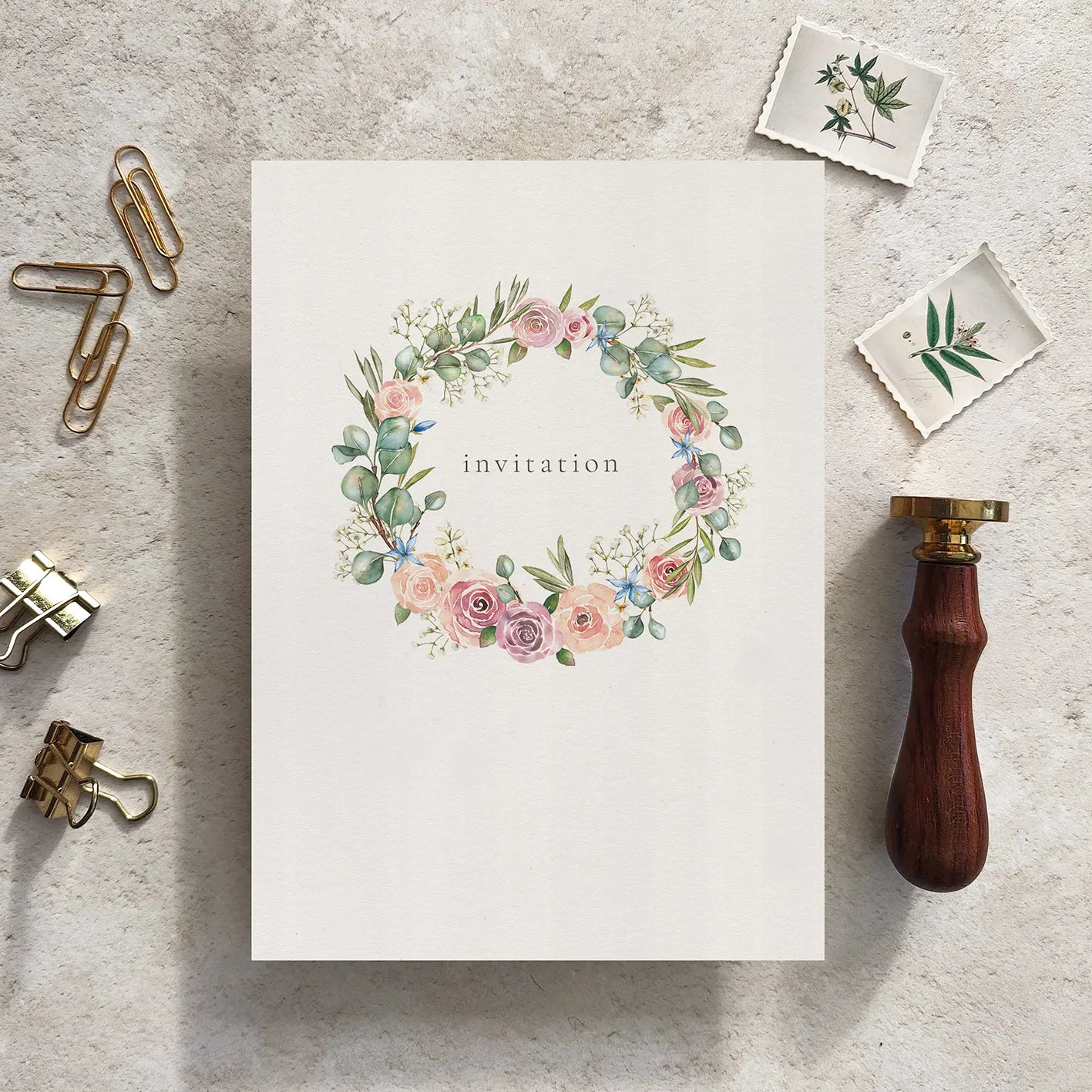 Blush Pink Roses and Eucalyptus Ready To Write Invitations