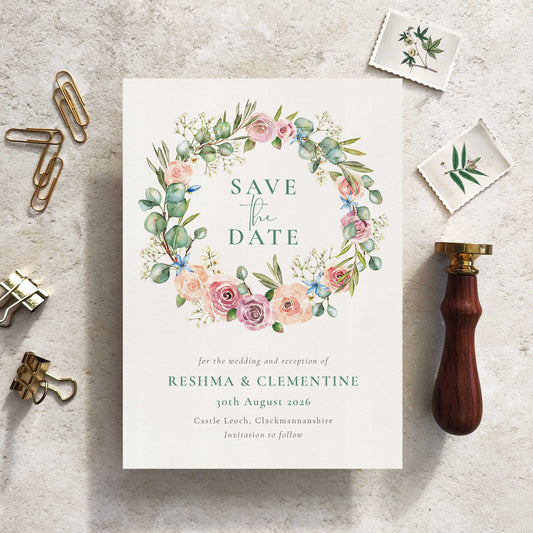 Blush Rose and Eucalyptus Wreath  Save The Date Card