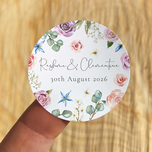 Blush Pink Roses and Eucalyptus Personalised Name and Date Stickers (35 stickers)