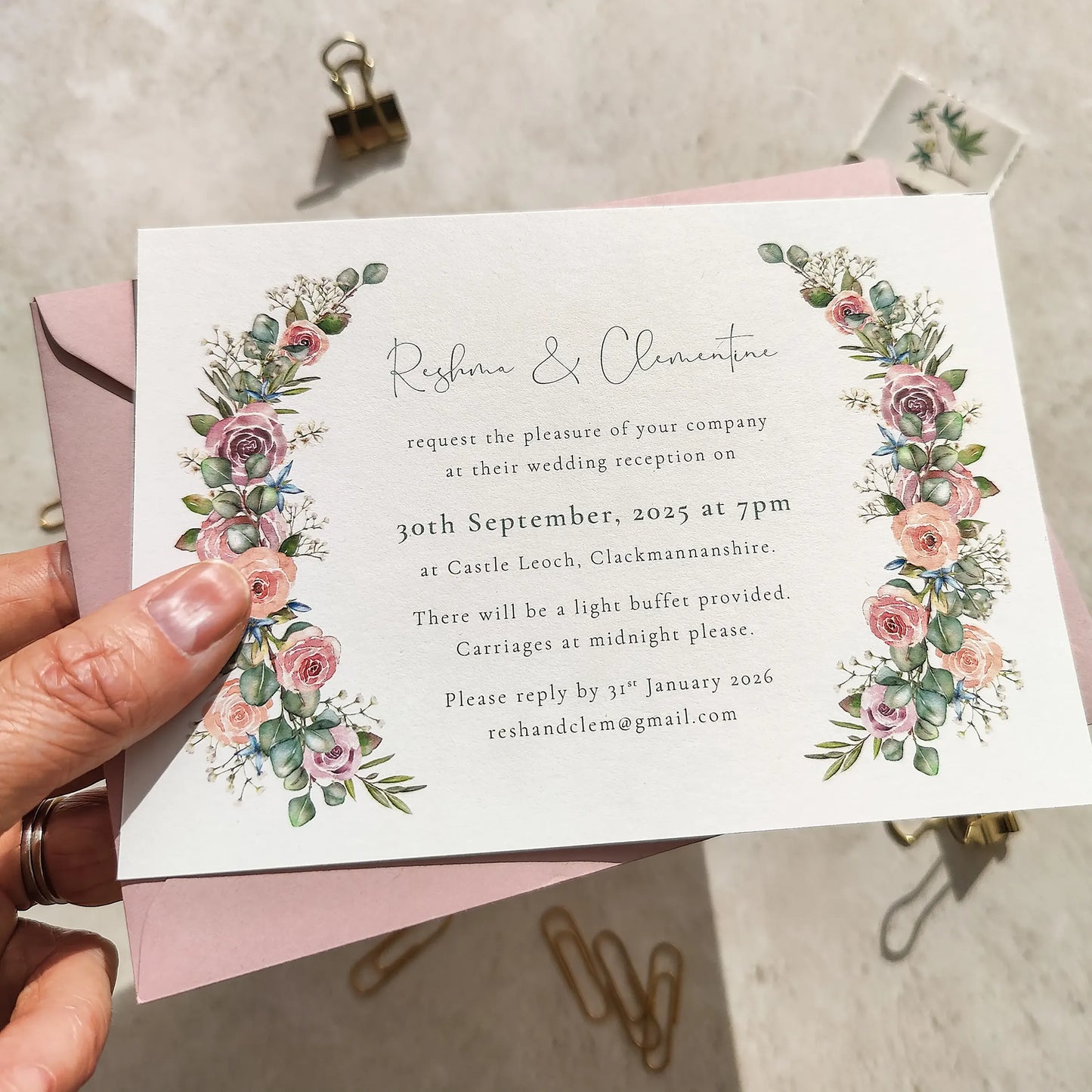 Blush Roses and Eucalyptus Evening Invitation