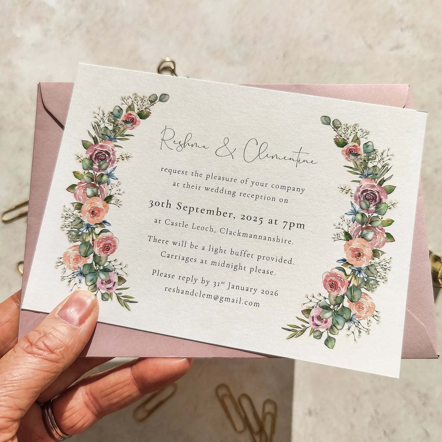 Blush Roses and Eucalyptus Evening Invitation