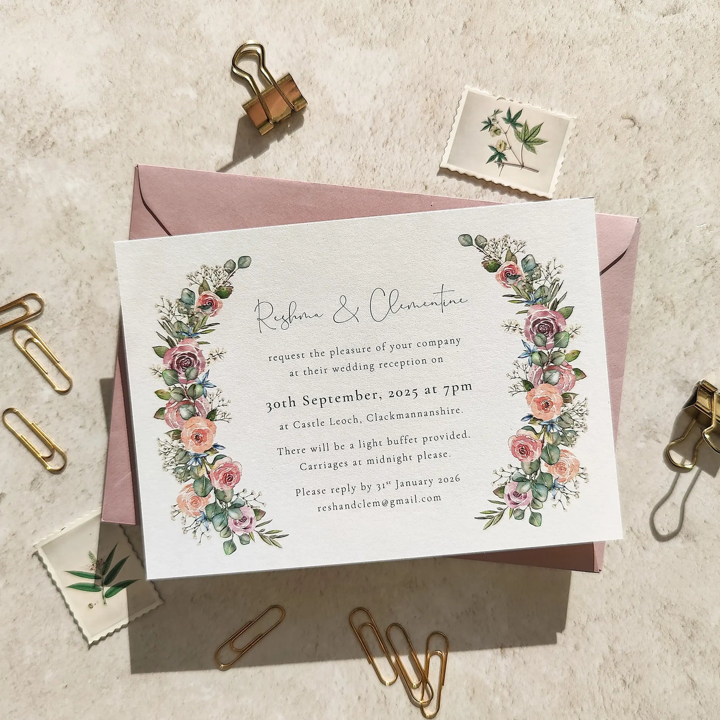 Blush Roses and Eucalyptus Evening Invitation