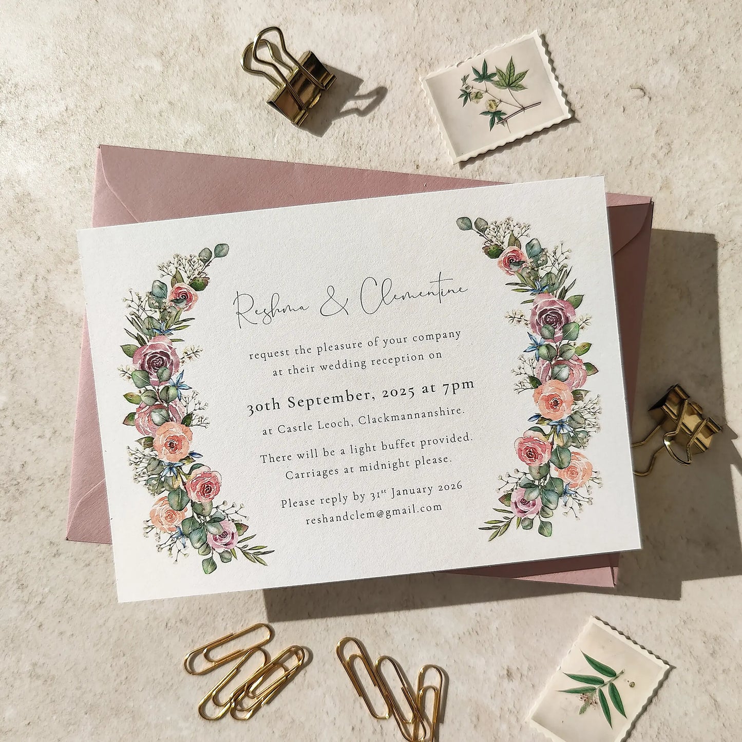 Blush Roses and Eucalyptus Evening Invitation