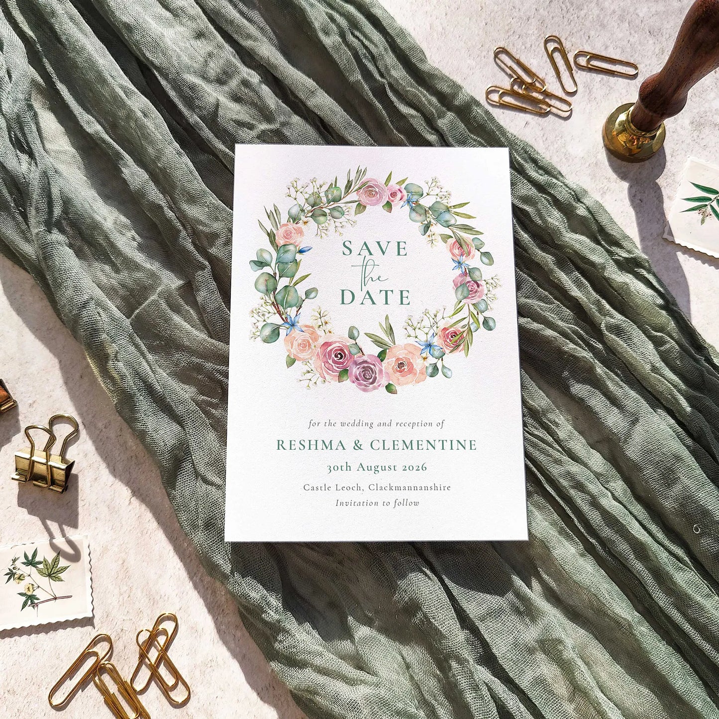 Blush Rose and Eucalyptus Wreath  Save The Date Card