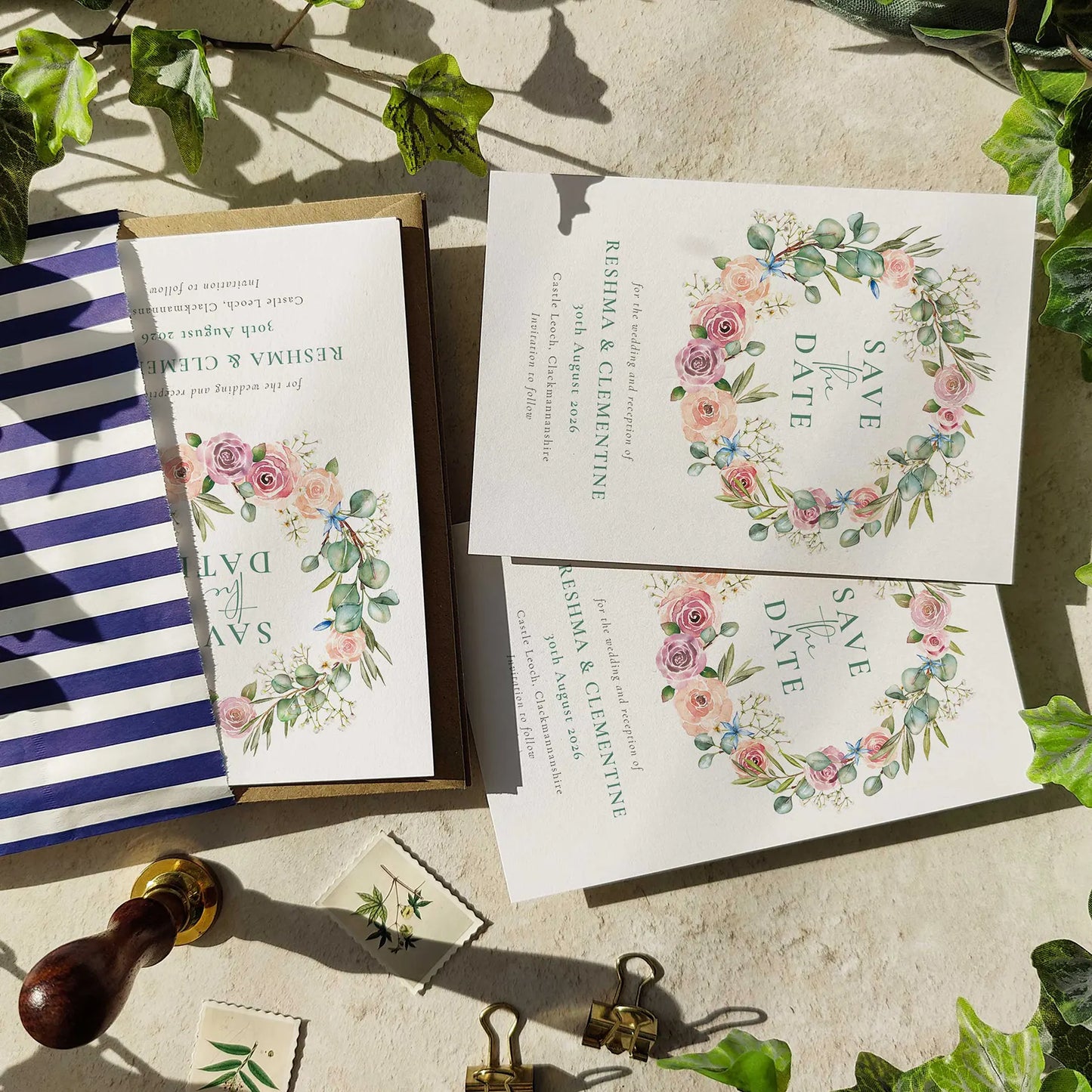 Blush Rose and Eucalyptus Wreath  Save The Date Card