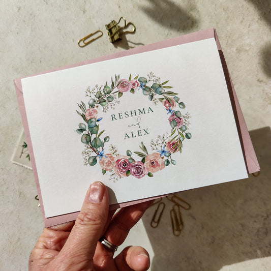 Blush Rose and Eucalyptus A6 Wedding Folded Invitation With Optional Venue Painting
