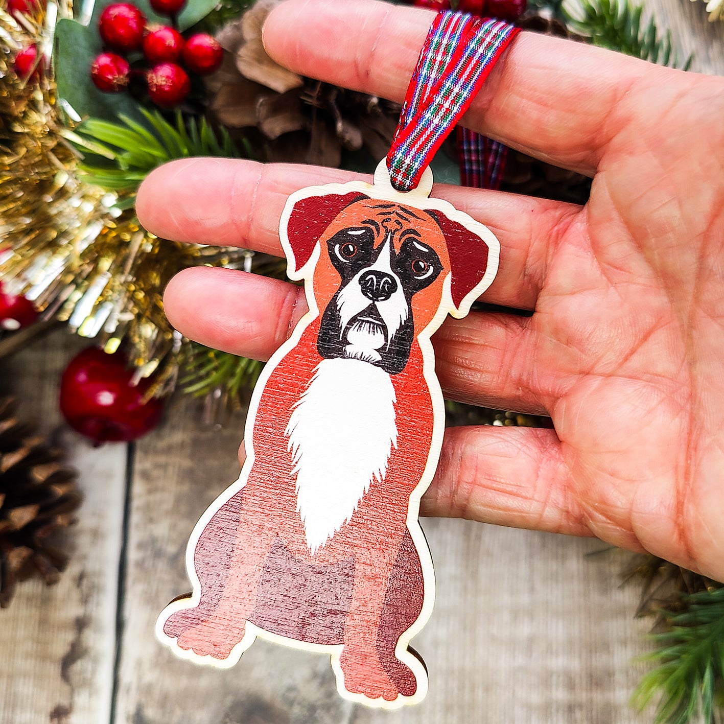 Boxer Dog Hanging Wooden Christmas Tree Ornament
