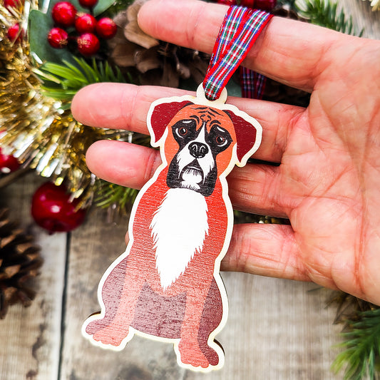 Boxer Dog Hanging Wooden Christmas Tree Ornament