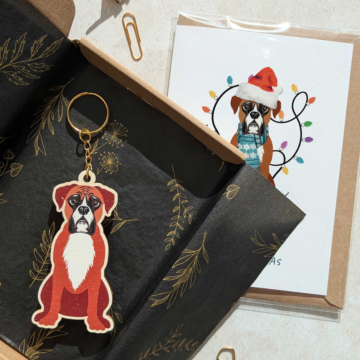 Boxer Dog Wooden Keyring