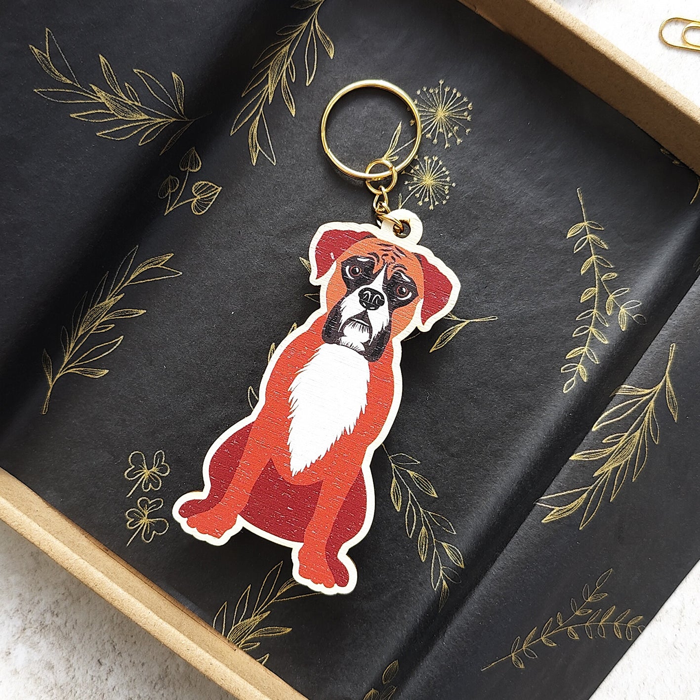 Boxer Dog Wooden Keyring