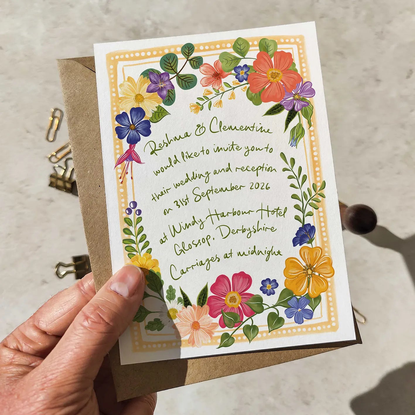Bright and Colourful Festive Floral Evening Invitation Card and Envelope