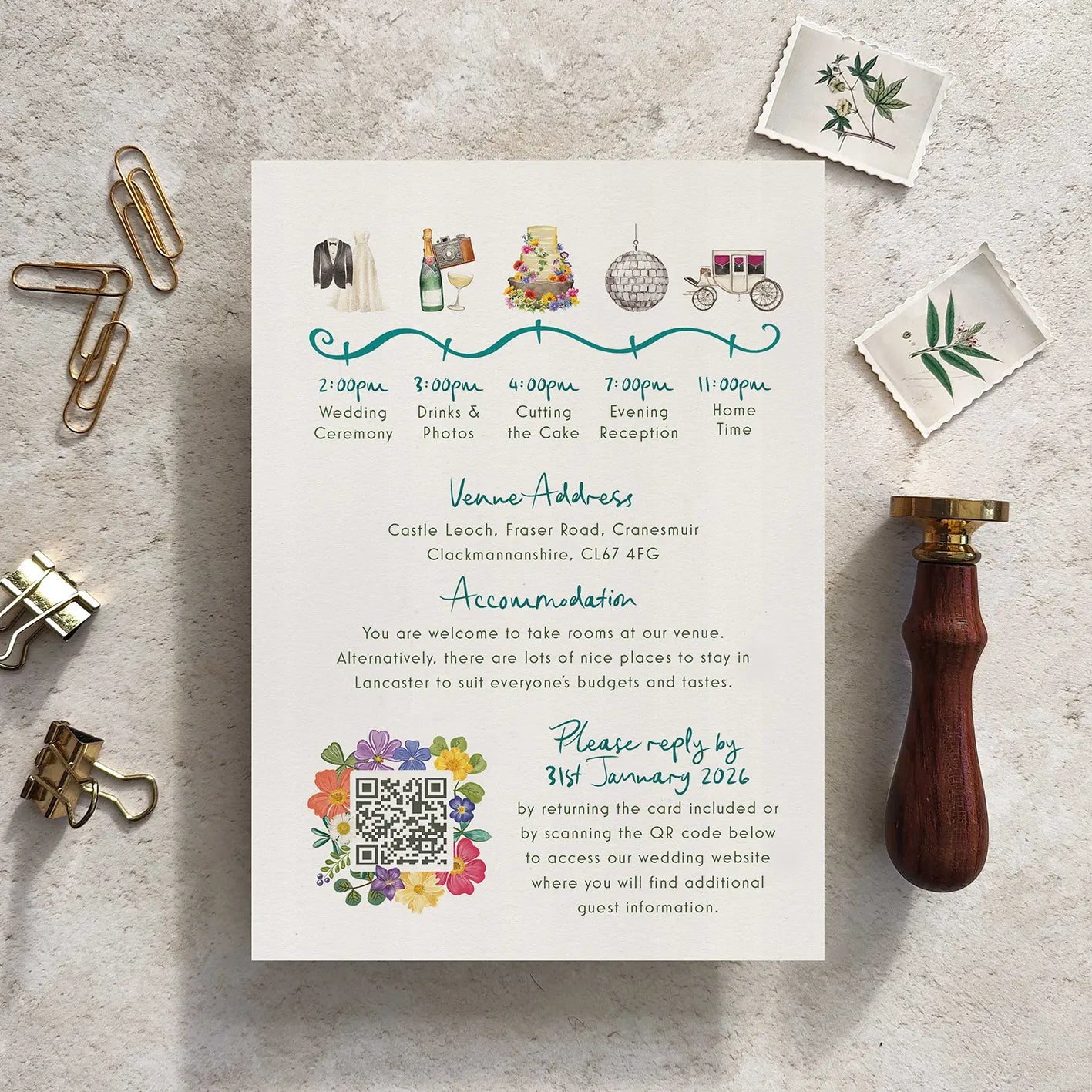 Bright and Colourful Festive Floral Evening Invitation Card and Envelope