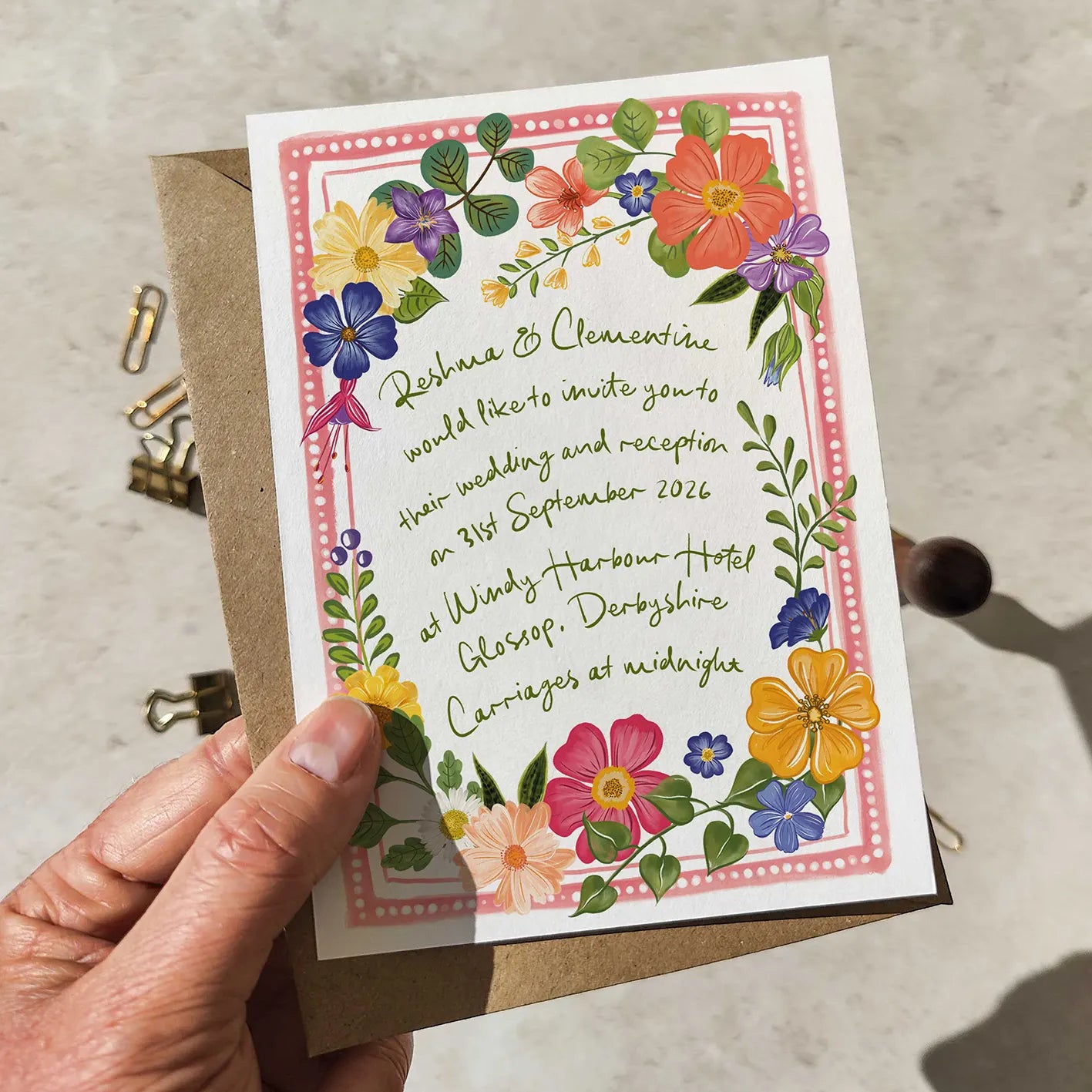 Bright and Colourful Festive Floral Evening Invitation Card and Envelope