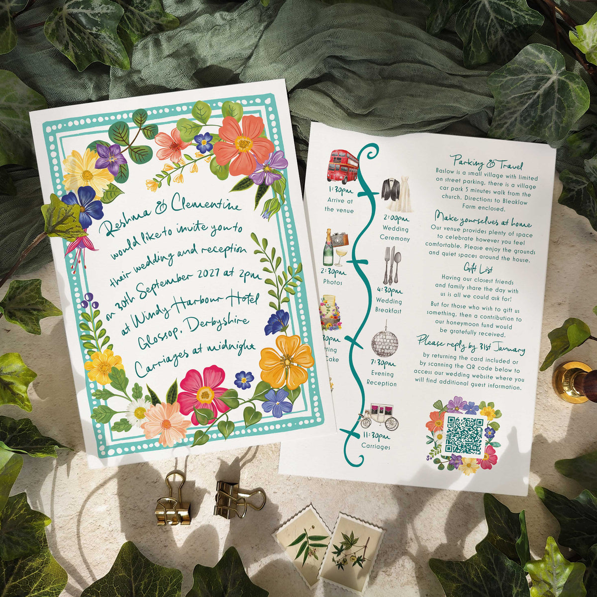 Bright and Colourful Festive Floral Wedding Invitation