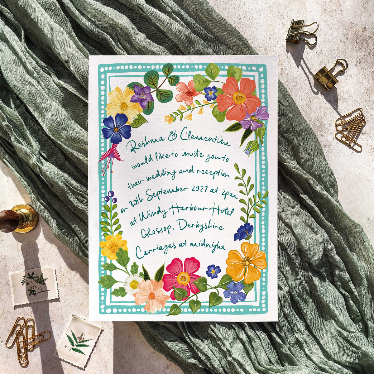 Bright and Colourful Festive Floral Wedding Invitation