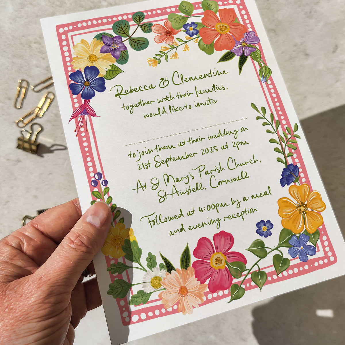 Bright and Colourful Festive Floral Wedding Invitation
