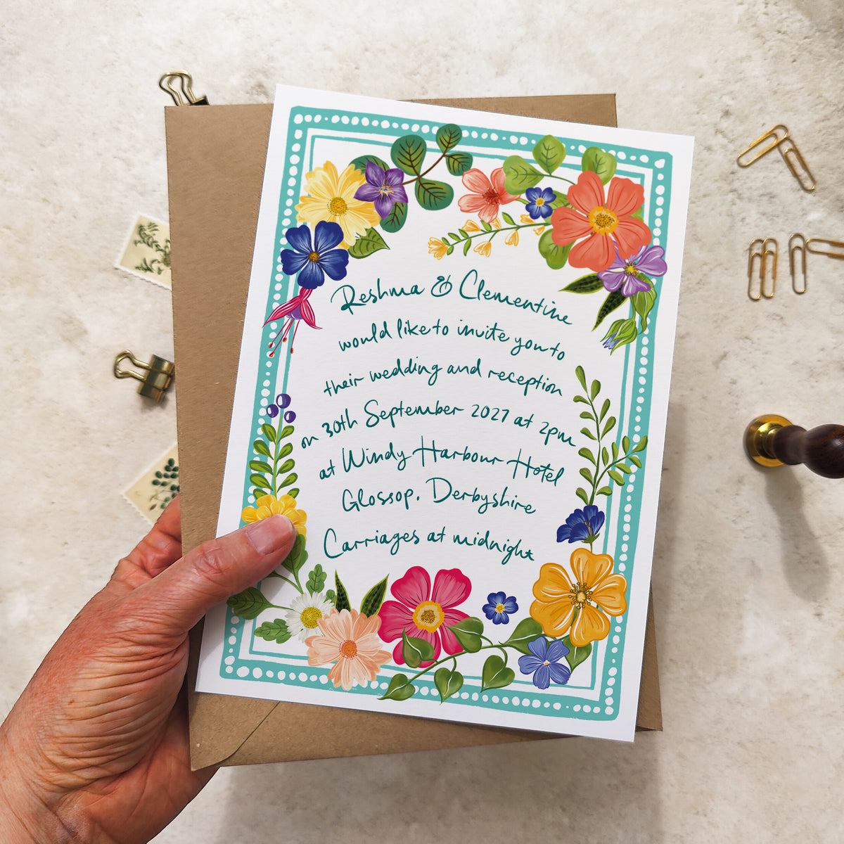 Bright and Colourful Festive Floral Wedding Invitation