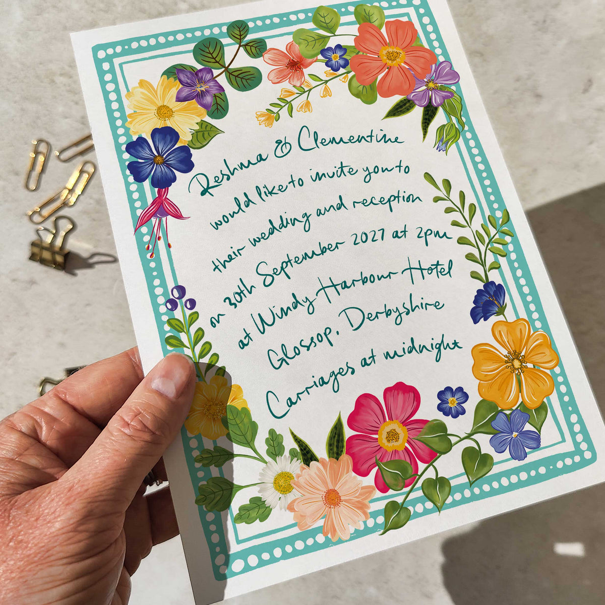 Bright and Colourful Festive Floral Wedding Invitation