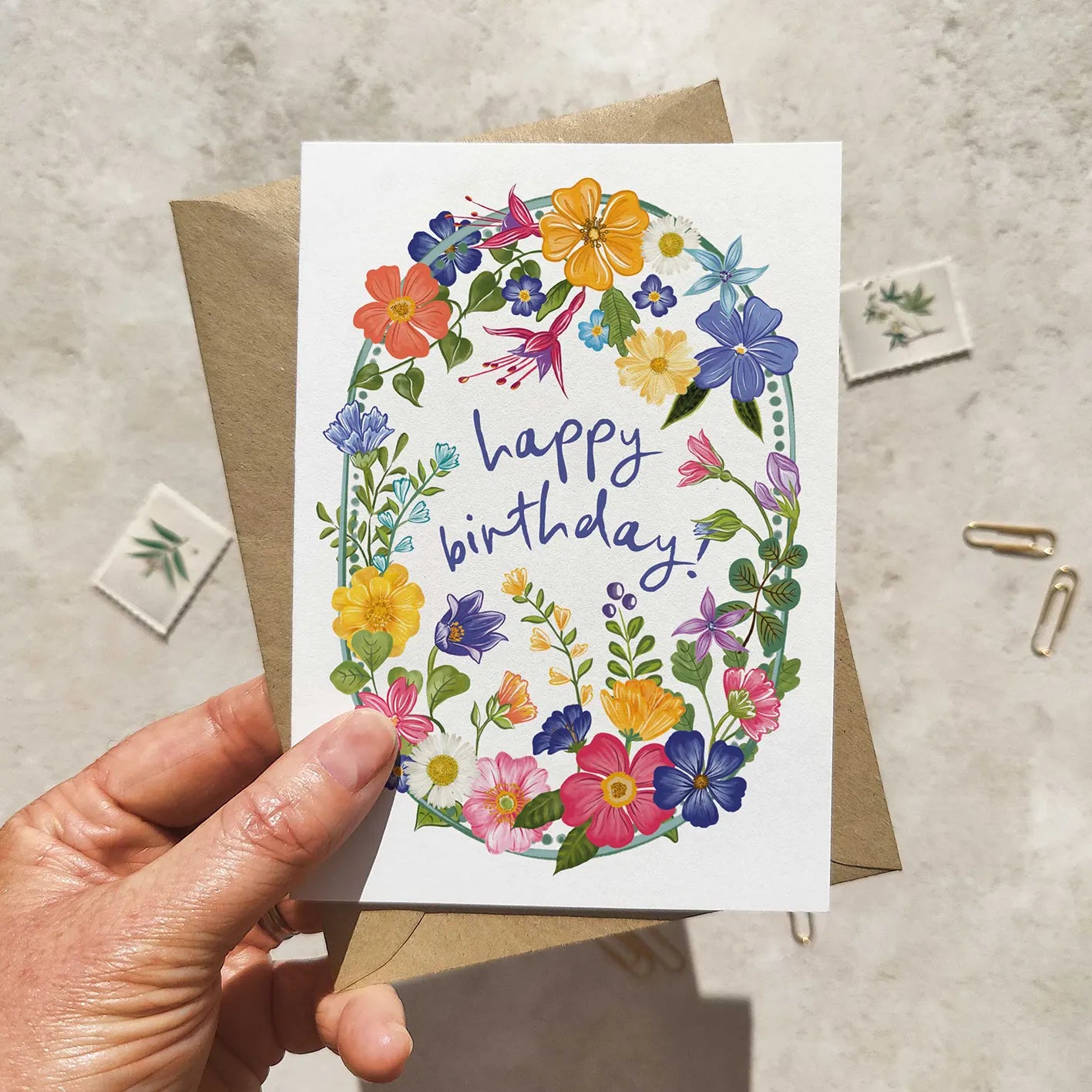 Bright and Colourful Festive Floral Birthday Card and Envelope