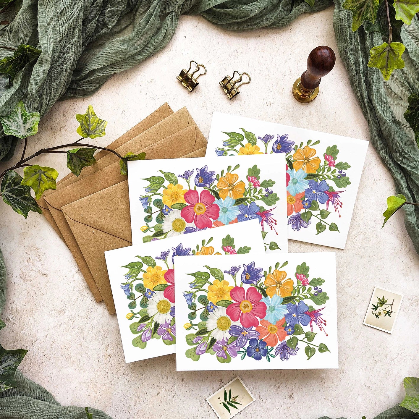 Bright and Colourful Festive Floral Note Cards
