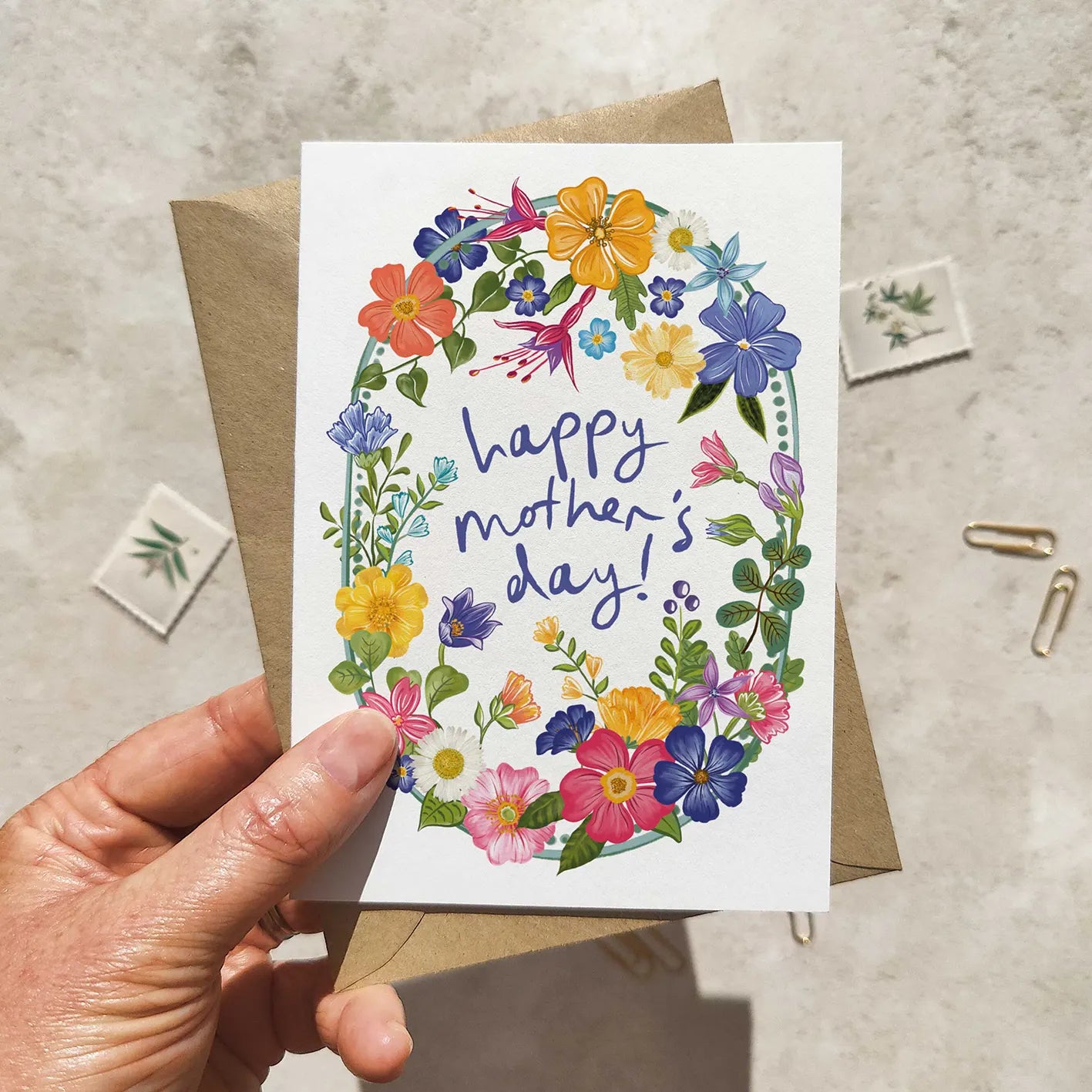 Bright and Colourful Festive Floral Blue Mother's Day Card and Envelope