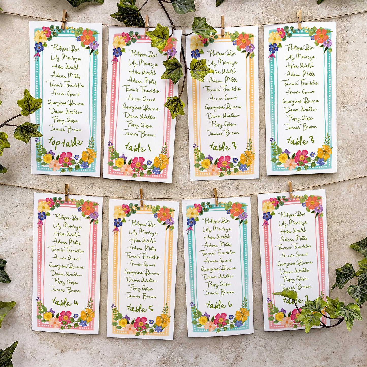 Bright and Colourful Festive Floral Hanging Table Plan Cards