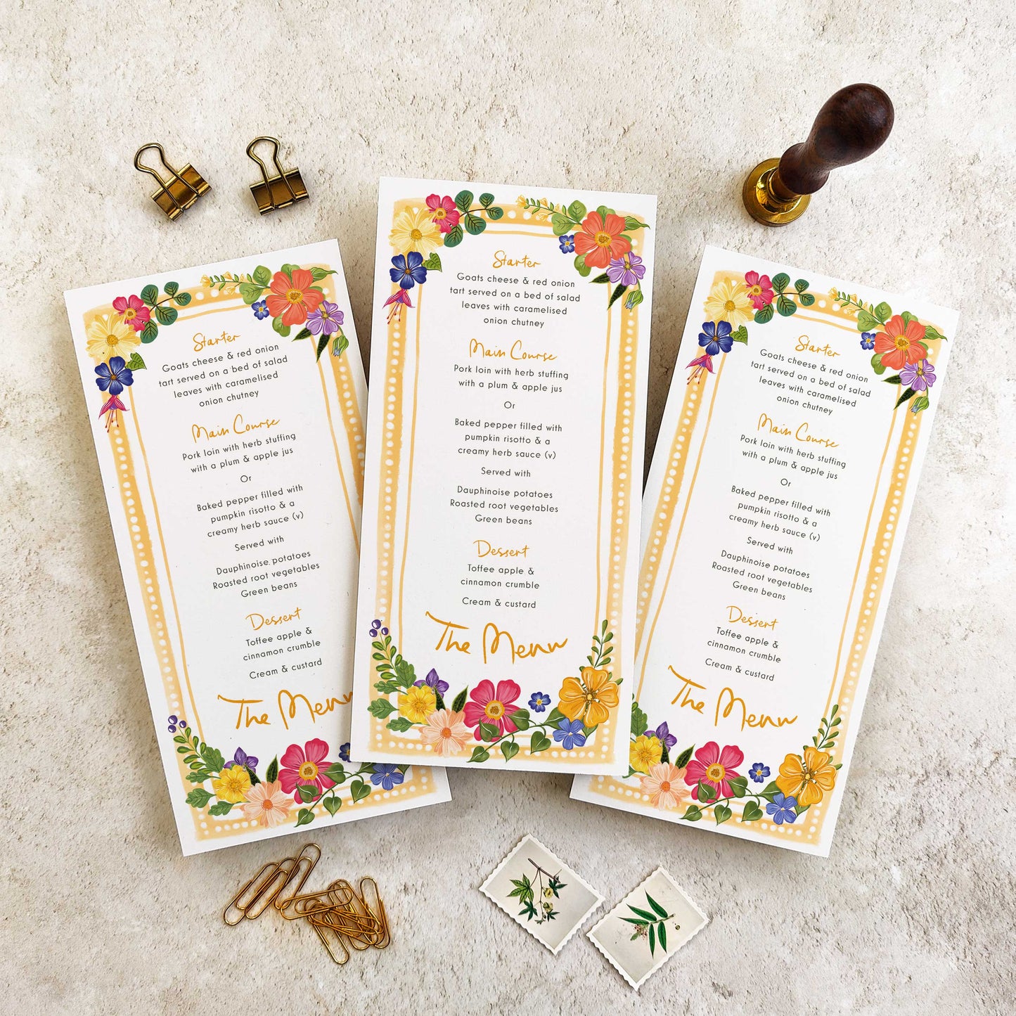 Bright and Colourful Festive Floral Menu Cards