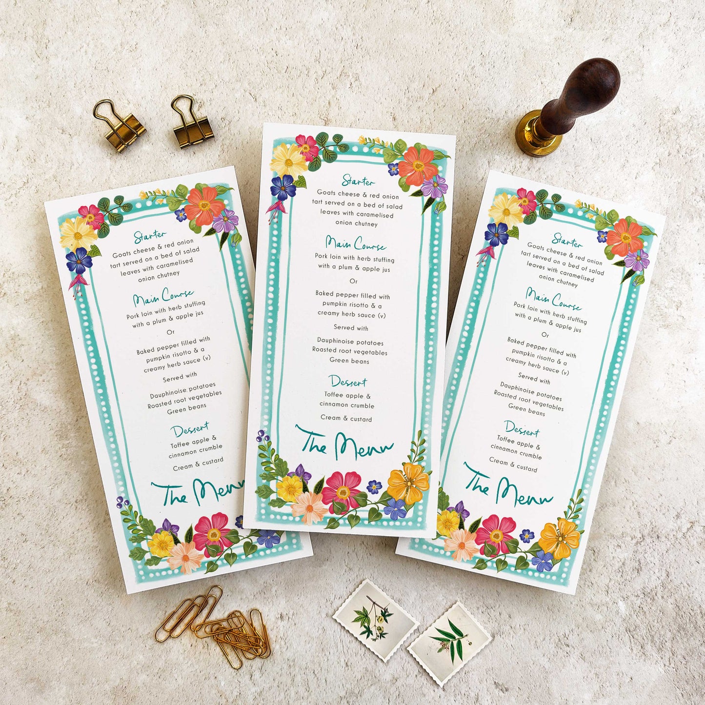 Bright and Colourful Festive Floral Menu Cards