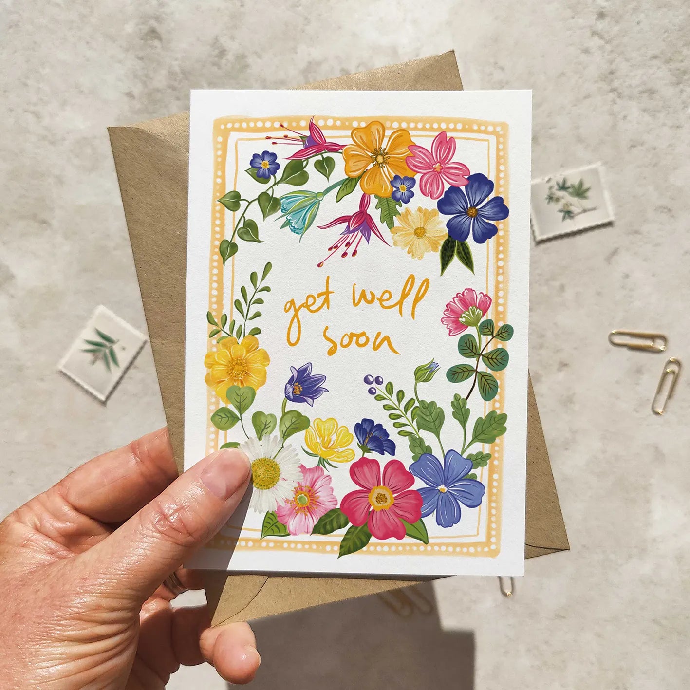 Bright and Colourful Festive Floral Yellow Get Well Soon Cards and Envelopes