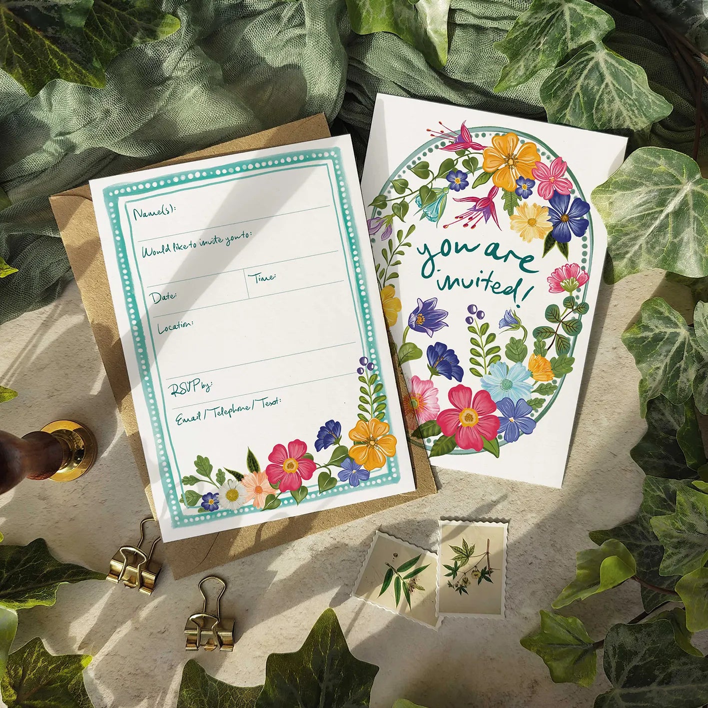 10 x Bright and Colourful Festive Floral Ready To Write Invitations