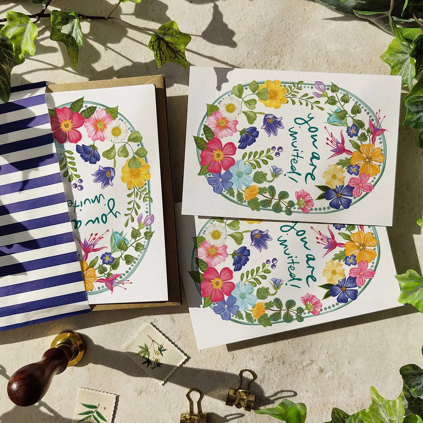 10 x Bright and Colourful Festive Floral Ready To Write Invitations