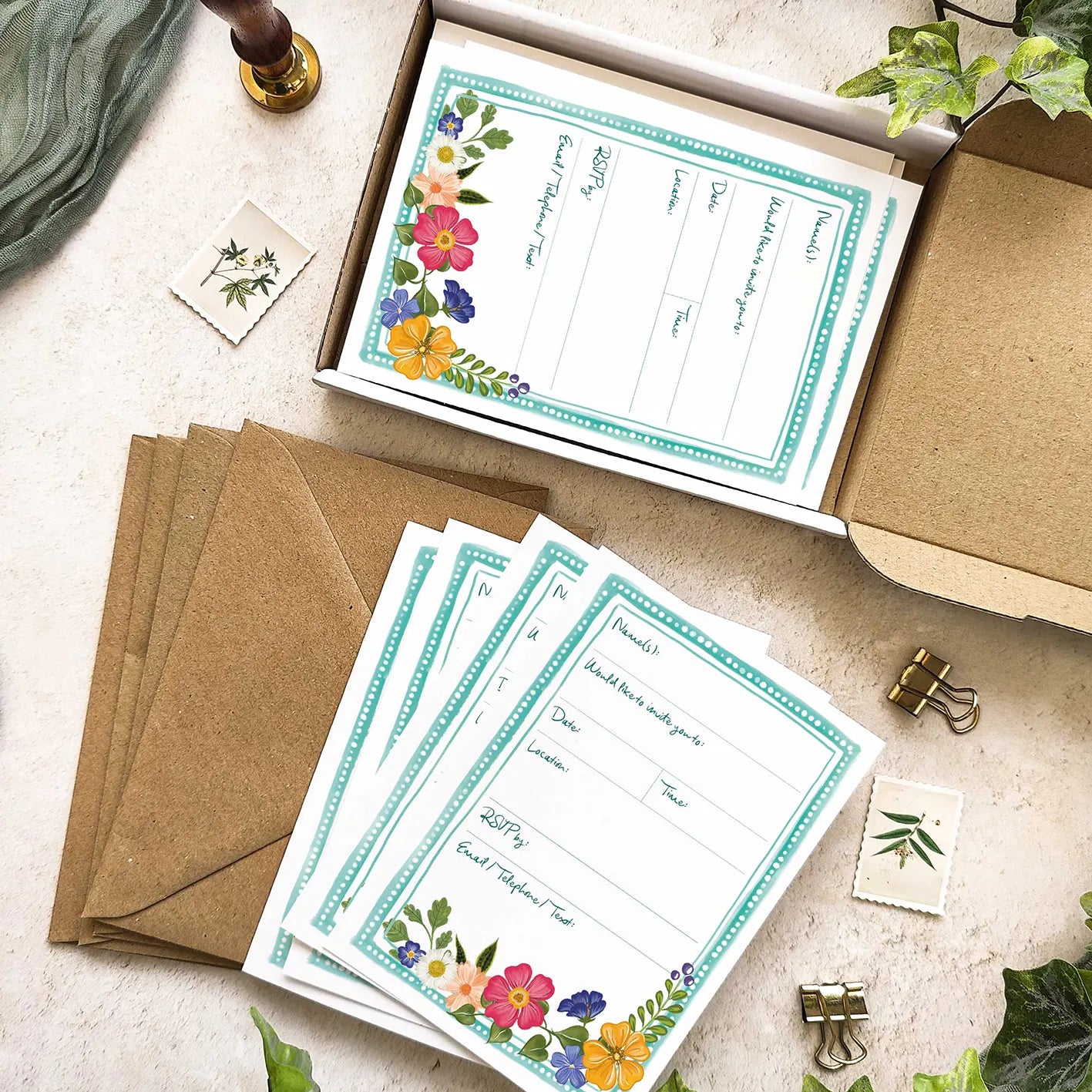 10 x Bright and Colourful Festive Floral Ready To Write Invitations