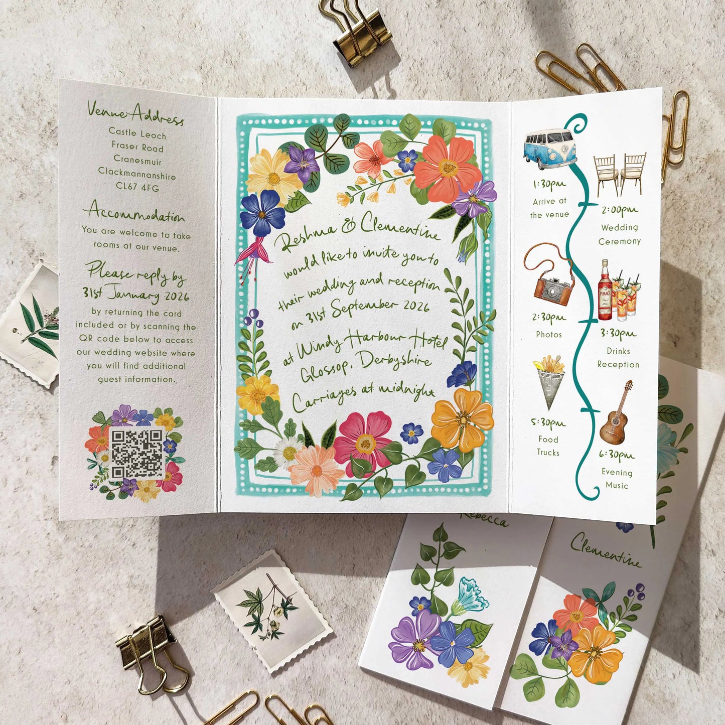 Bright and Colourful Festive Floral Gatefold A6 Wedding Invitation