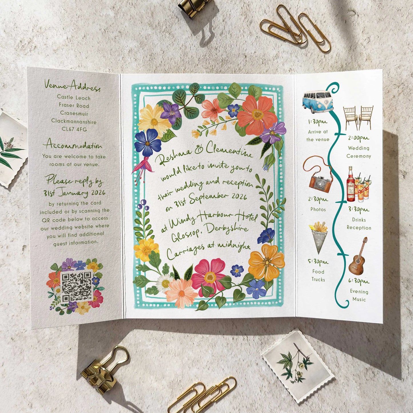 Bright and Colourful Festive Floral Gatefold A6 Wedding Invitation