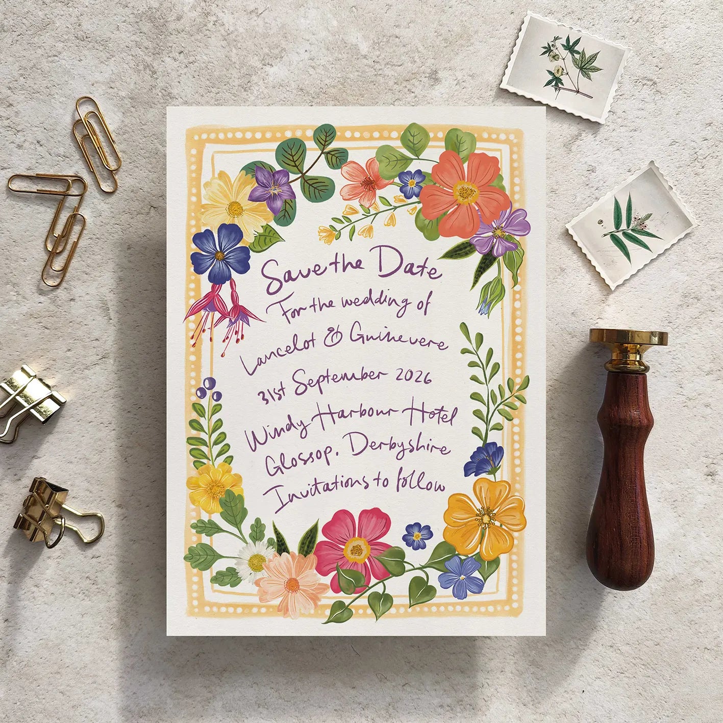 Bright and Colourful Festive Floral Rectangle Save The Date Card
