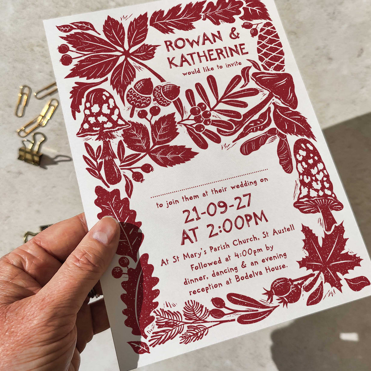 Carved Autumn A5 Wedding Invitation – Personalised with Optional Guest Information