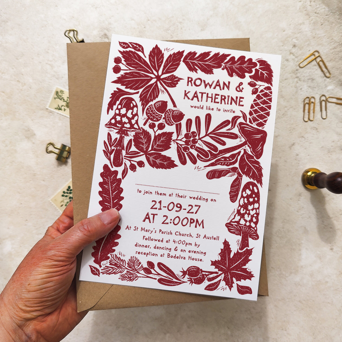 Carved Autumn A5 Wedding Invitation – Personalised with Optional Guest Information