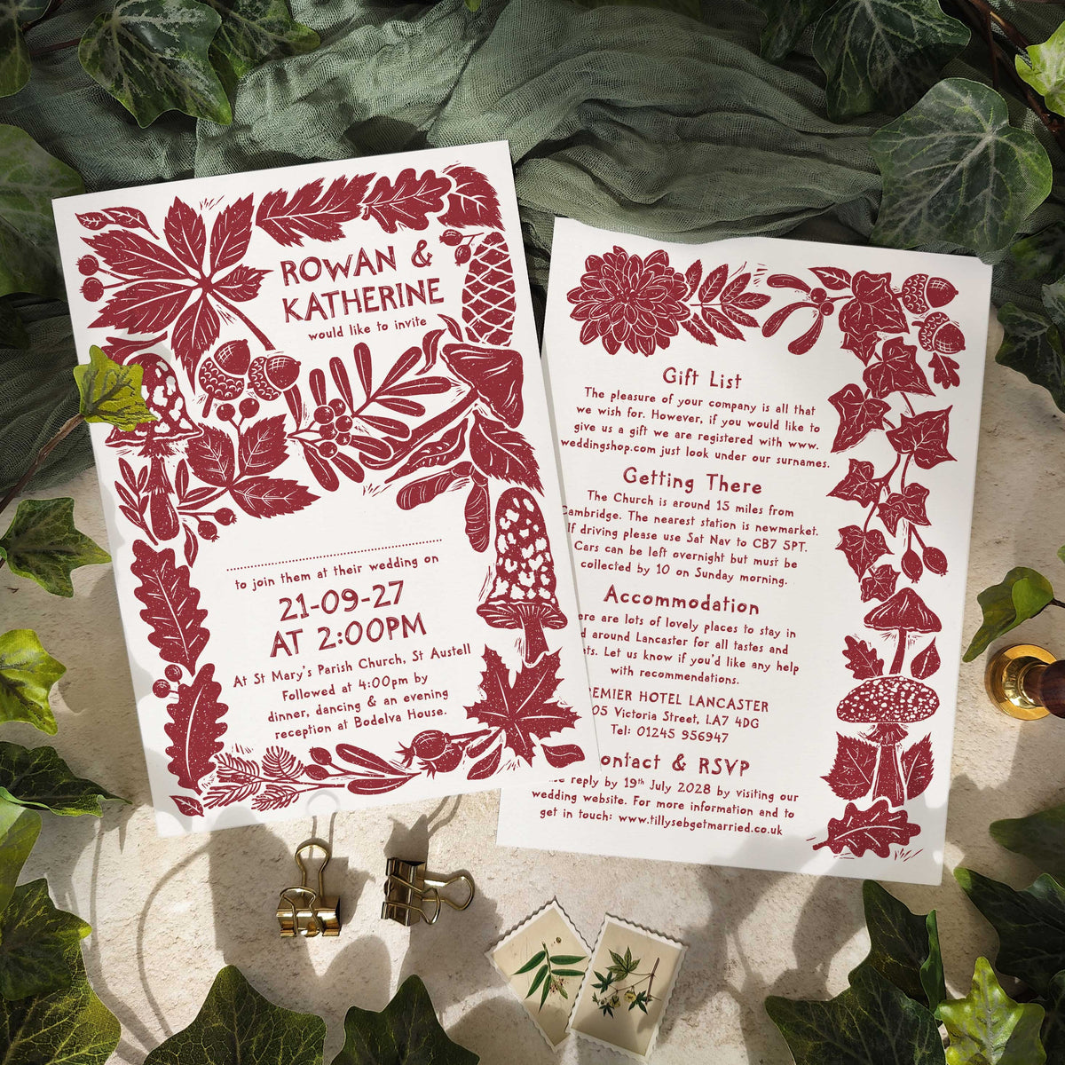 Carved Autumn A5 Wedding Invitation – Personalised with Optional Guest Information