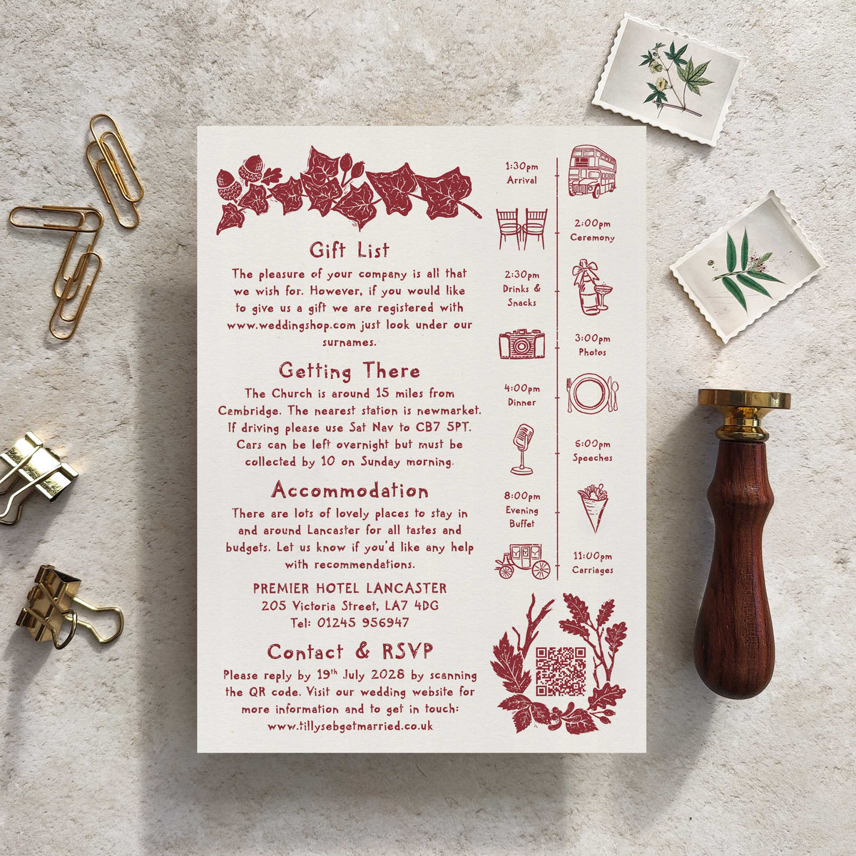 Carved Autumn A5 Wedding Invitation – Personalised with Optional Guest Information