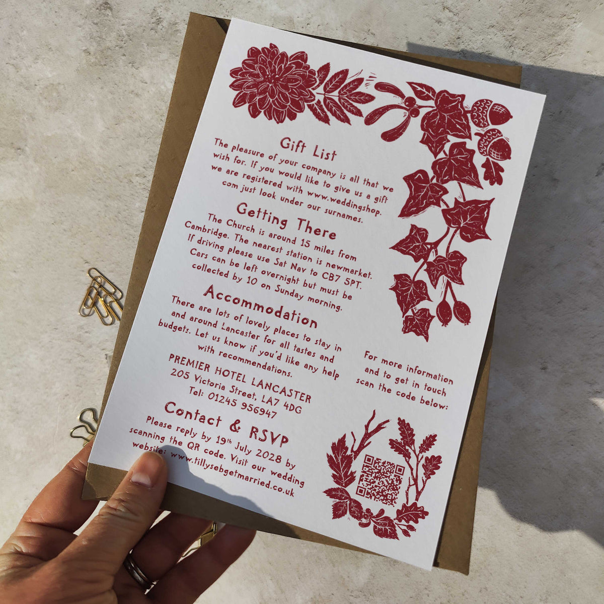 Carved Autumn A5 Wedding Invitation – Personalised with Optional Guest Information