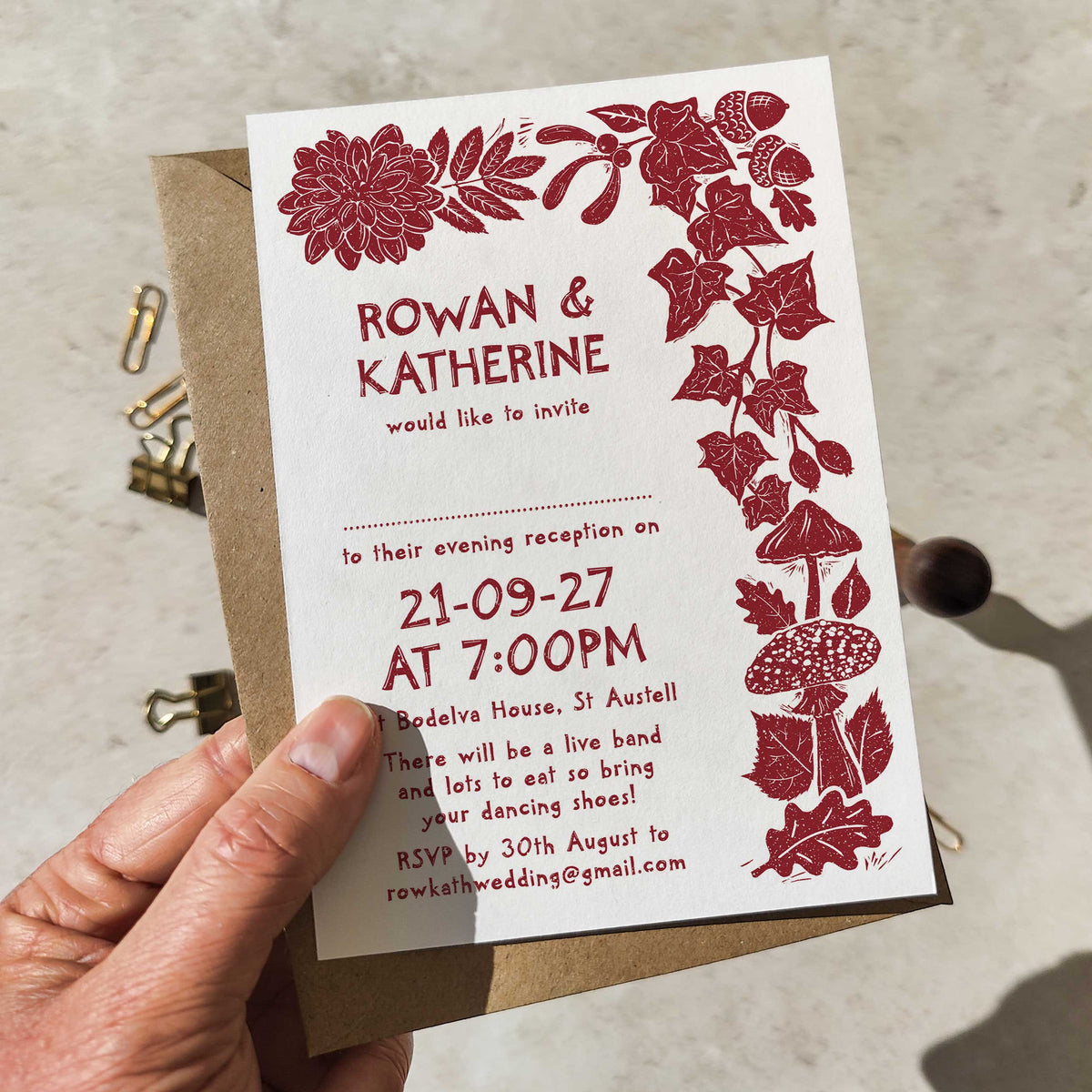 Carved Autumn Evening Wedding Invitation | A6 personalised cards and envelopes